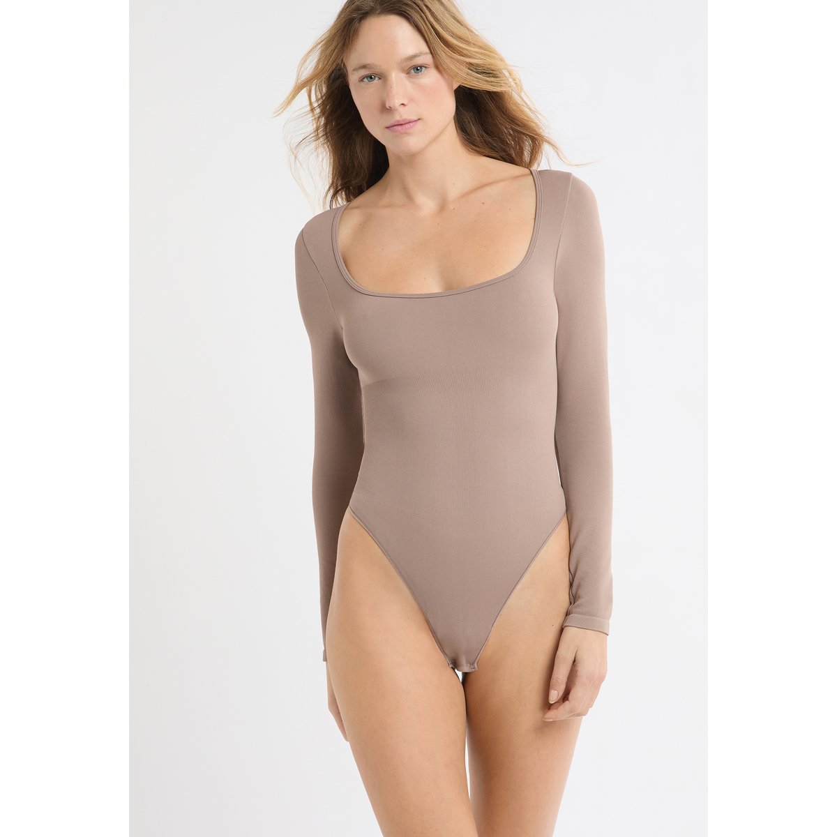 Body col carré manches longues ROMY taupe, ETAM