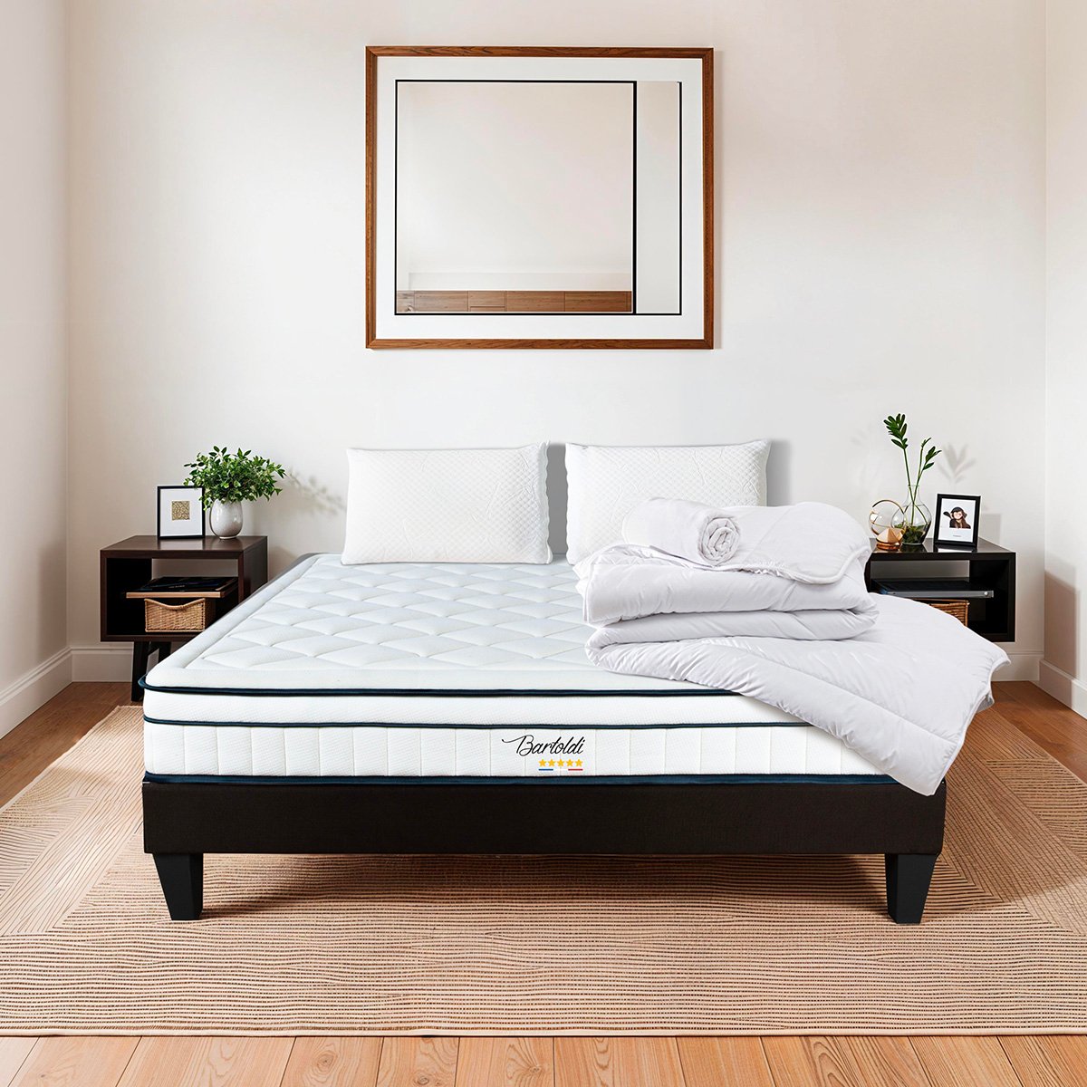 Pack Bartoldi 90x190 cm Matelas Ressorts + Sommier Bois + Accessoires blanc, BELLECOUR