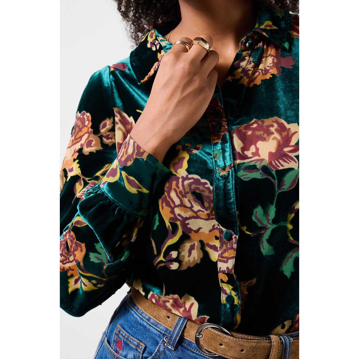 Blouse à Col en Velours Dévoré Fleuri vert, JOE BROWNS