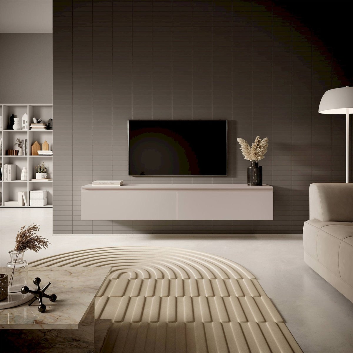 Meuble tv suspendu bois collection SENEY gris beige, RECOLLECTION