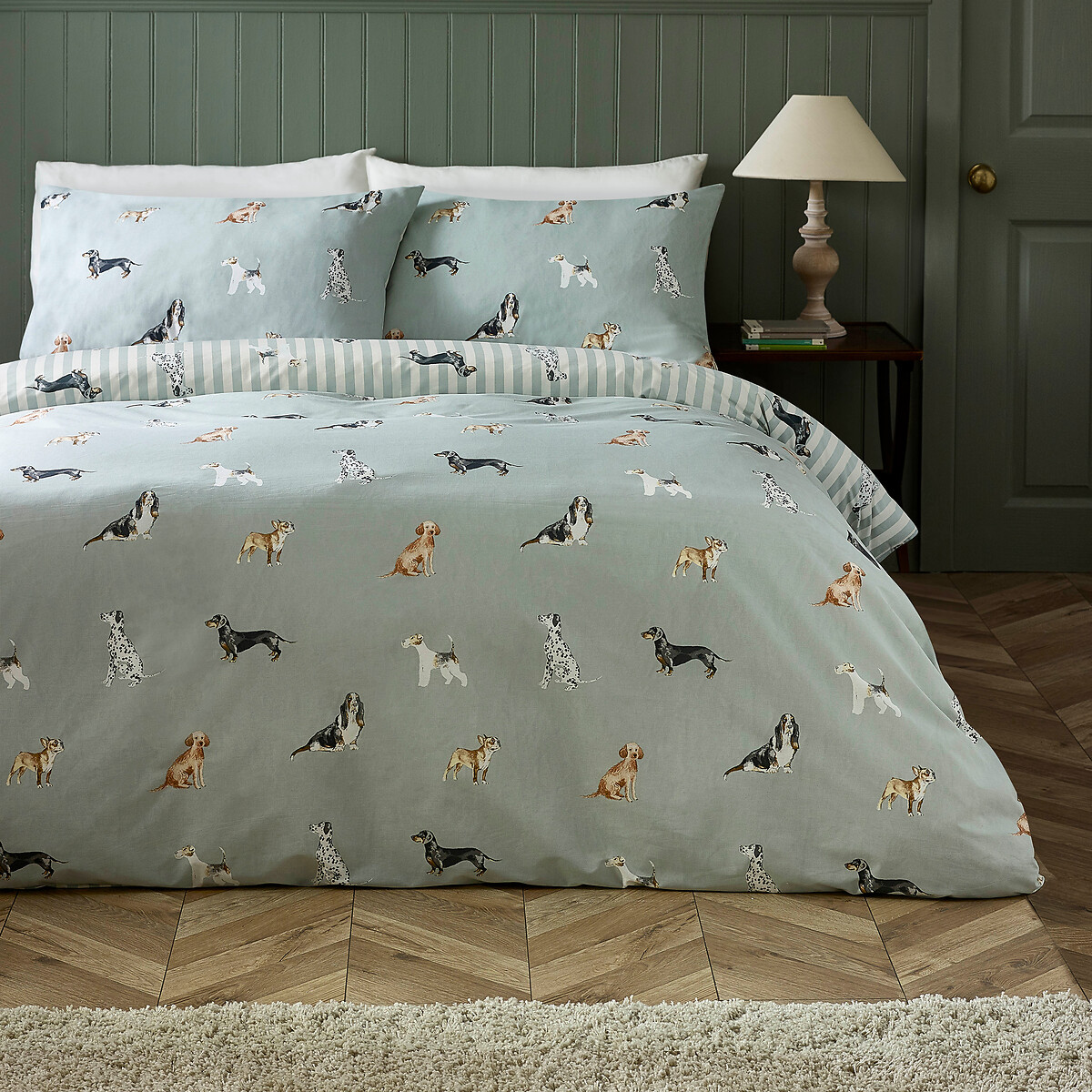 Dog Stripe Reversible Duvet Cover Set green, CATHERINE LANSFIELD