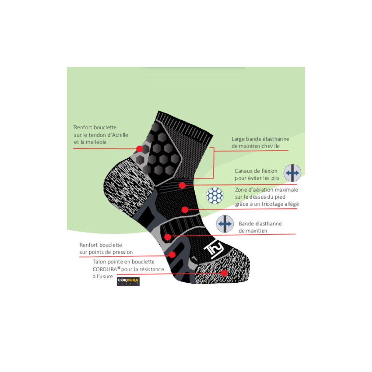 Tige courte MERINO TOP TREK noir gris, THYO