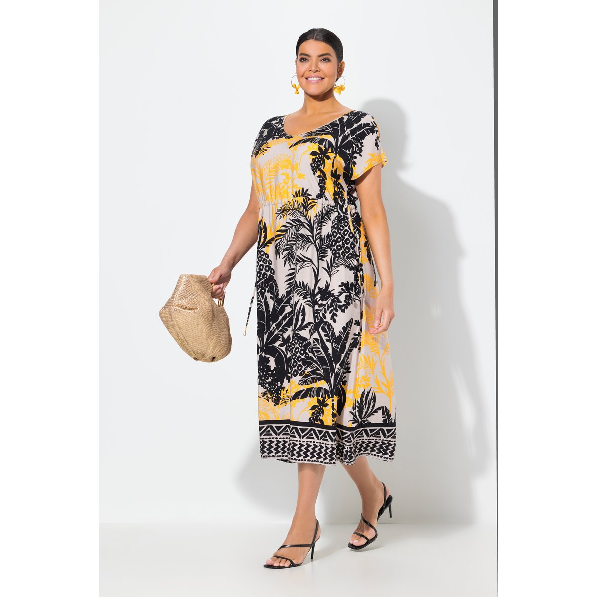 Robe maxi sans manches. Col en V et cordon gris beige, ULLA POPKEN