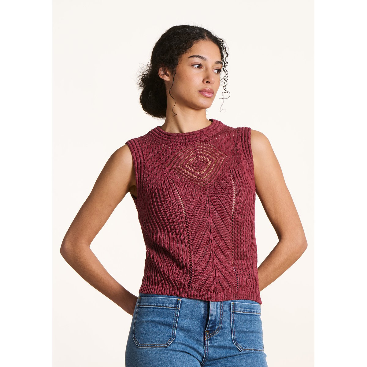 Pull sans manches en crochet mahogany, LA FEE MARABOUTEE