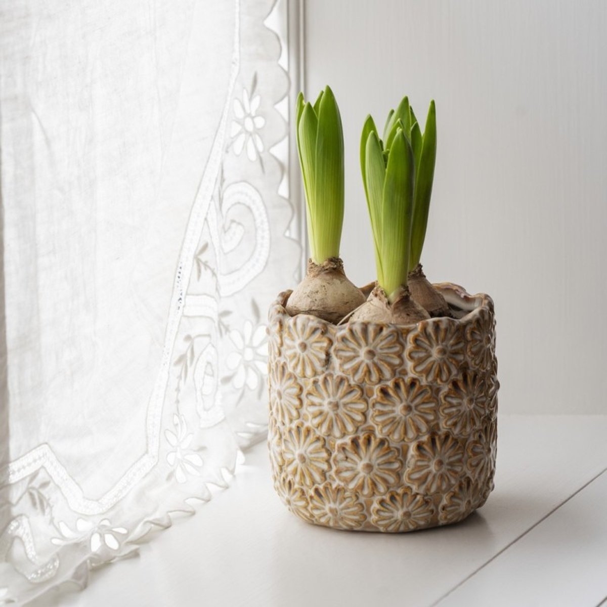 Cache-pot grès floral texturé set de 2 beige, MADAM STOLTZ