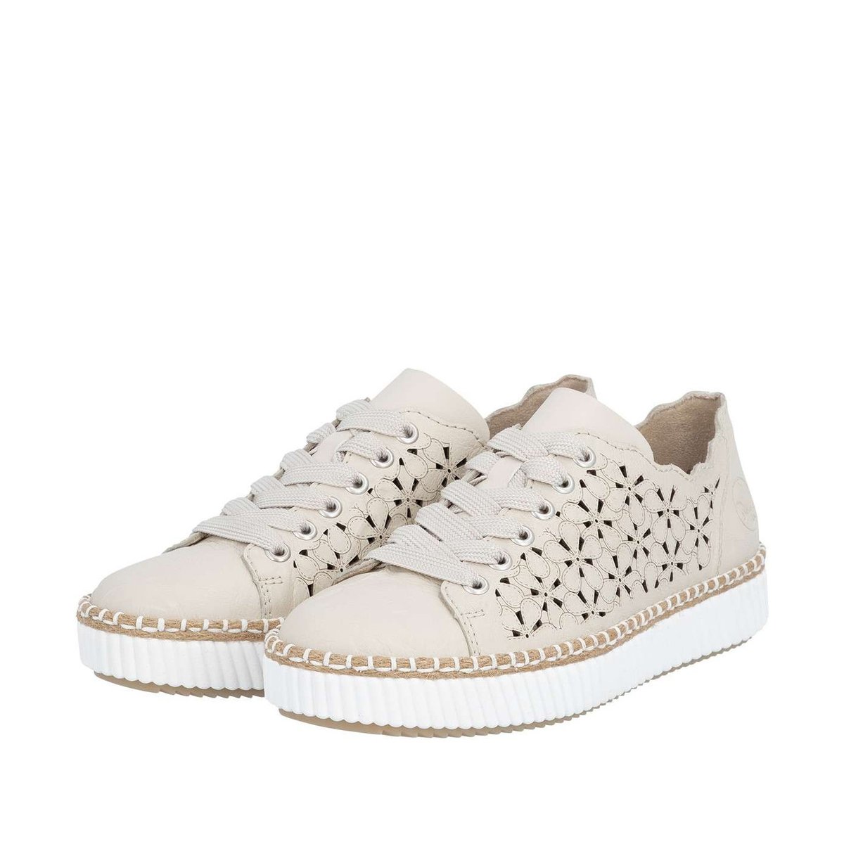 Tennis beiges en cuir à talon plat avec des lacets et des motifs fleuris beige, RIEKER