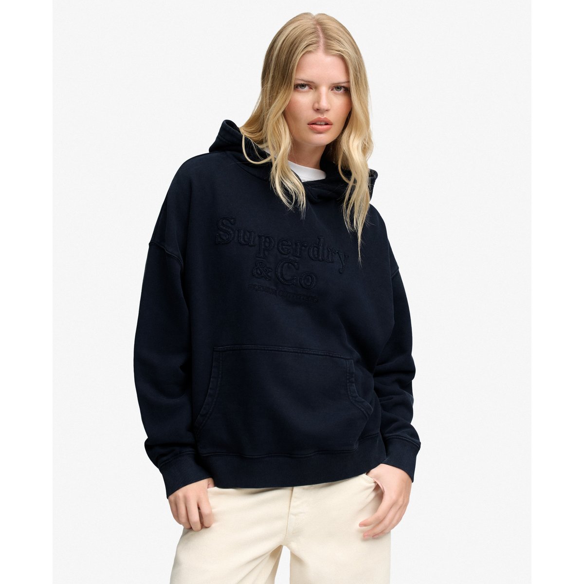 Sweat à capuche Company Logo Self Applique Coupe Décontractée bleu marine nautique, SUPERDRY