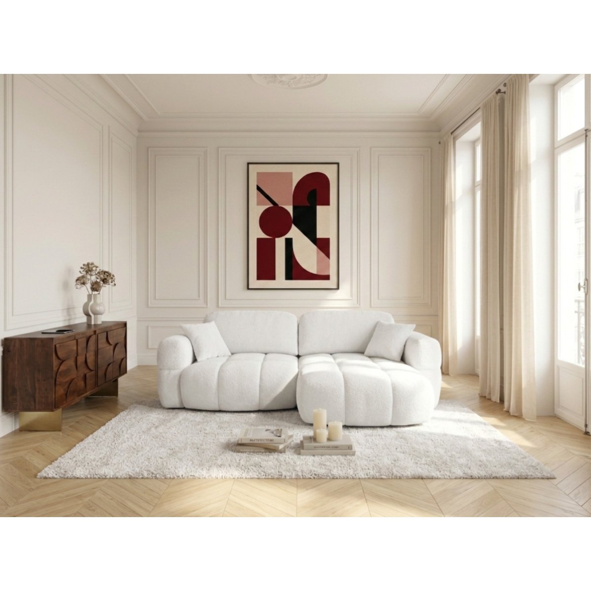 Canapé d'angle convertible 2,5 places en tissu, MADISON blanc, BOBOCHIC