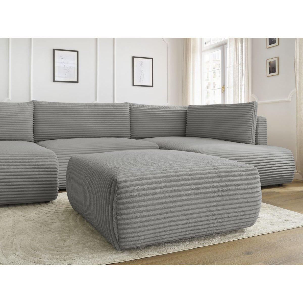 Canapé panoramique convertible 6 places en gros côtelé doux avec pouf, LUCIEN gris foncé, BOBOCHIC