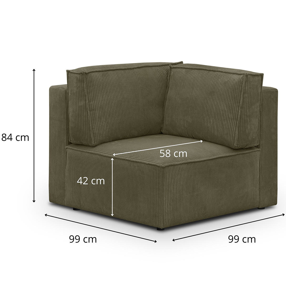 Canapé d'angle droit convertible 8+1 places en velours côtelé - HARPER MOD vert kaki, HOMIFAB