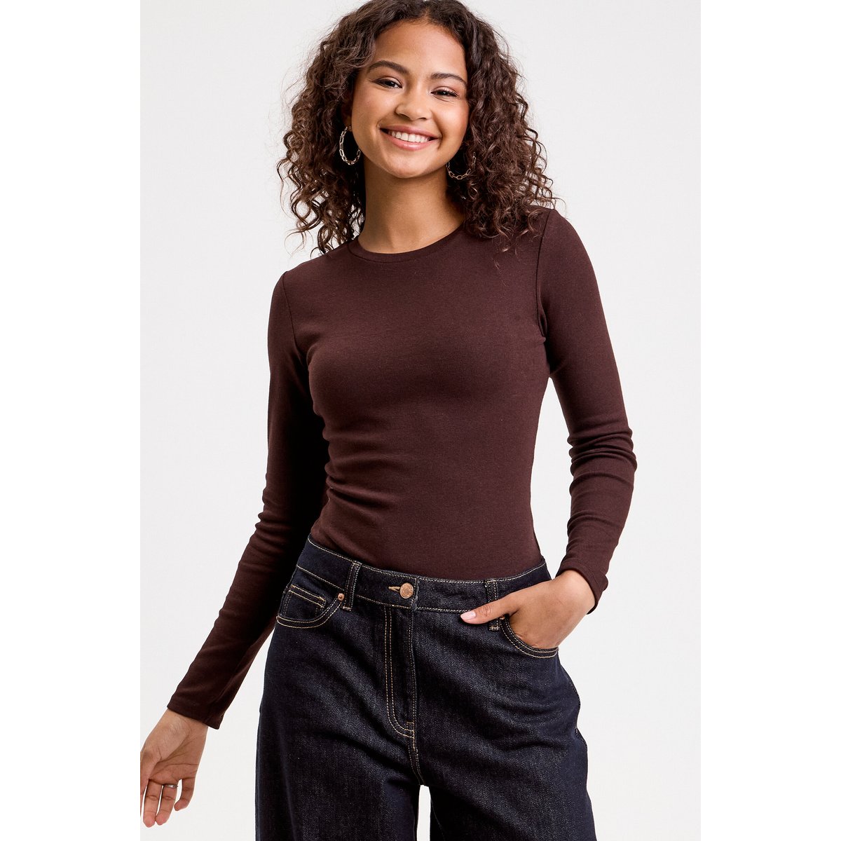 T-shirt cintré col rond manches longues marron foncé, CACHE CACHE