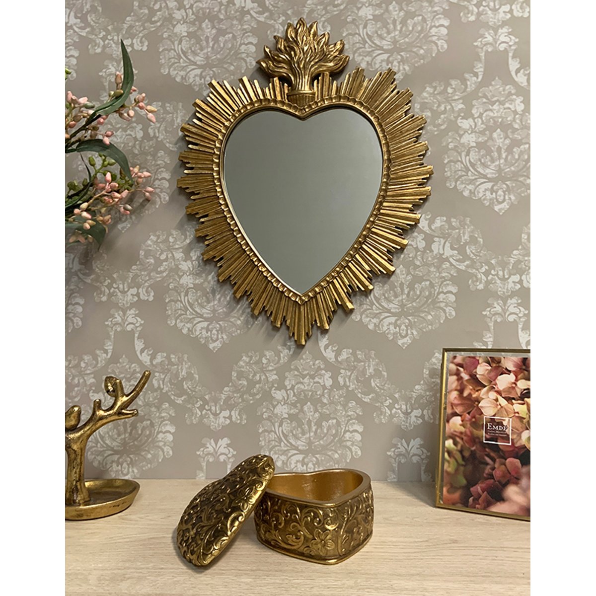 Déco miroir ex-voto coeur soleil 30.8x39.2cm or, EMDE