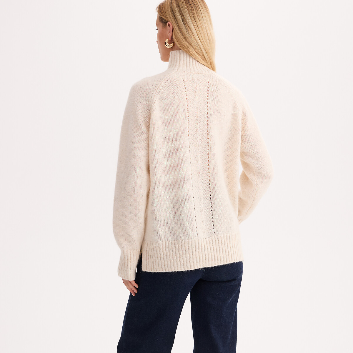 Pull col montant en grosse maille à détails ajourés ecru, ANNE WEYBURN