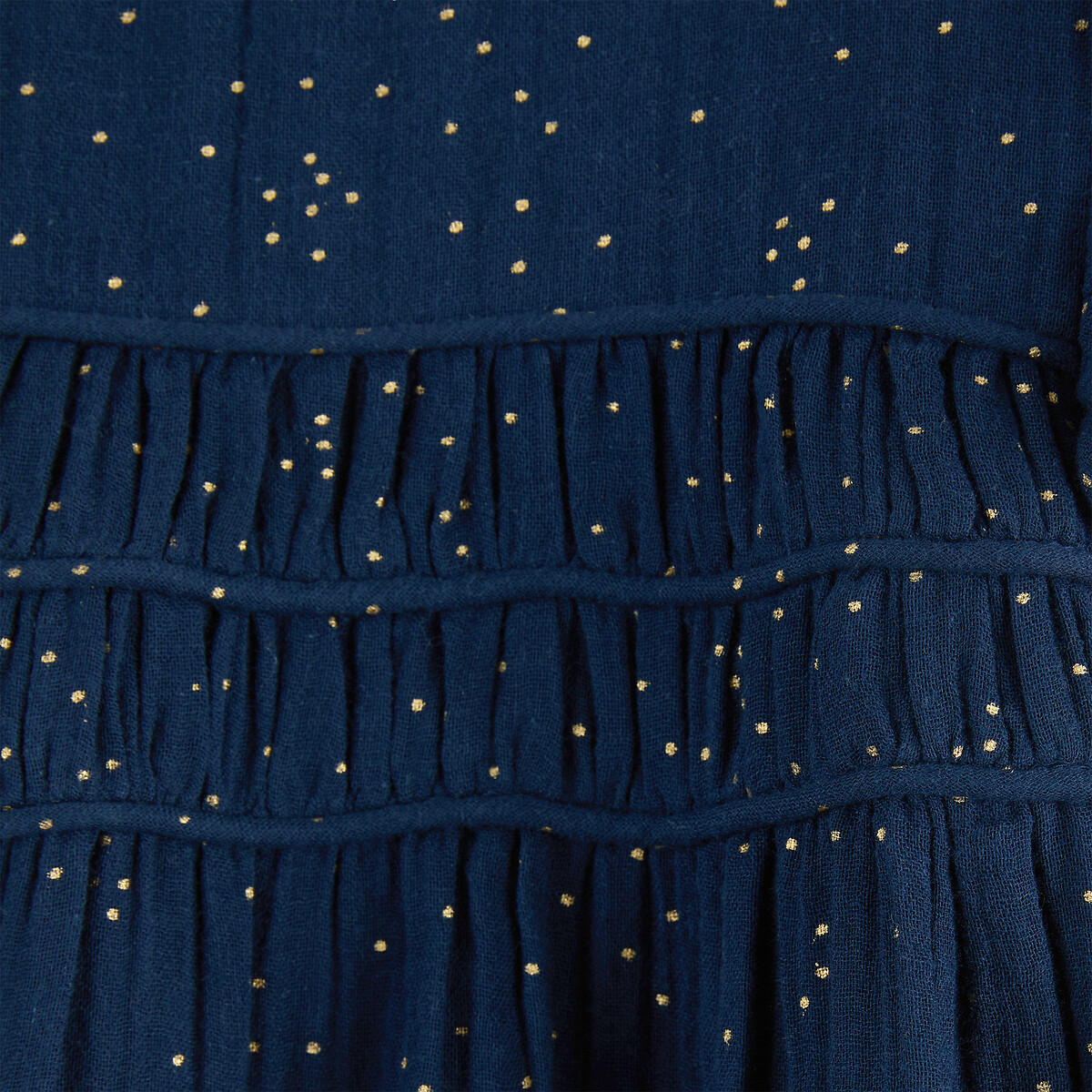 Robe manches longues, en double gaze de coton, motif à pois bleu marine, LA REDOUTE COLLECTIONS