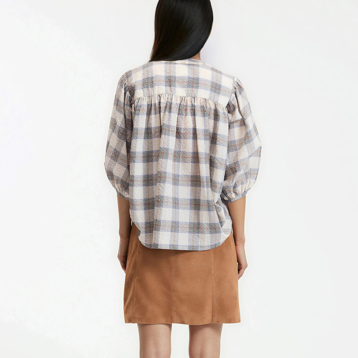Chemise col mao à carreaux, volume oversize, en coton, Signature BERTHE carreaux bleu, LA REDOUTE COLLECTIONS