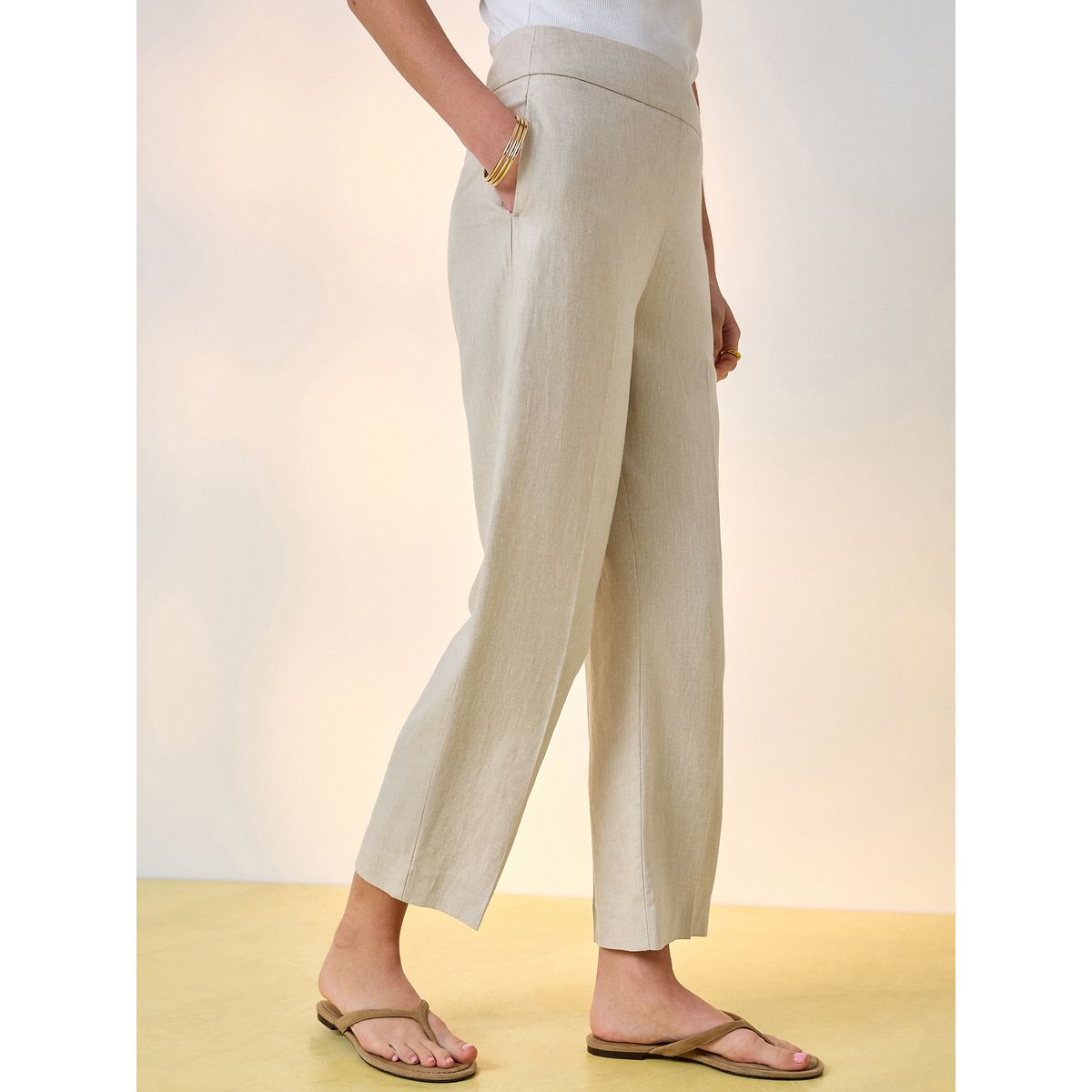 Pantalon tailleur slim court lin majoritaire beige neutre, NEXT