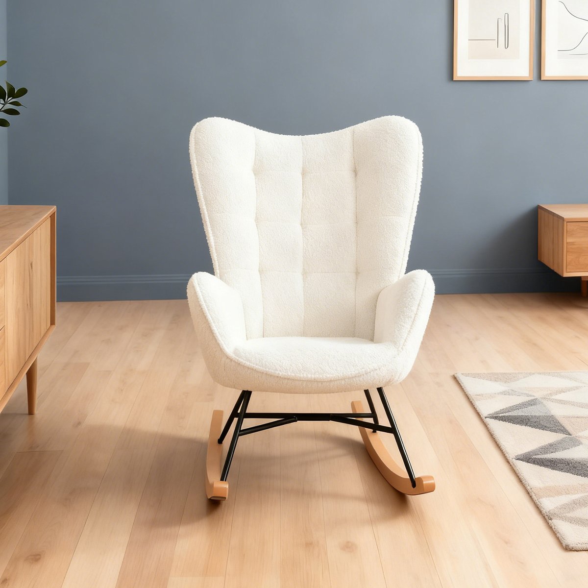 Fauteuil à bascule rocking chair style scandinave pieds en hêtre en tissu bouclette, FUNKEL blanc, MEUBLES COSY