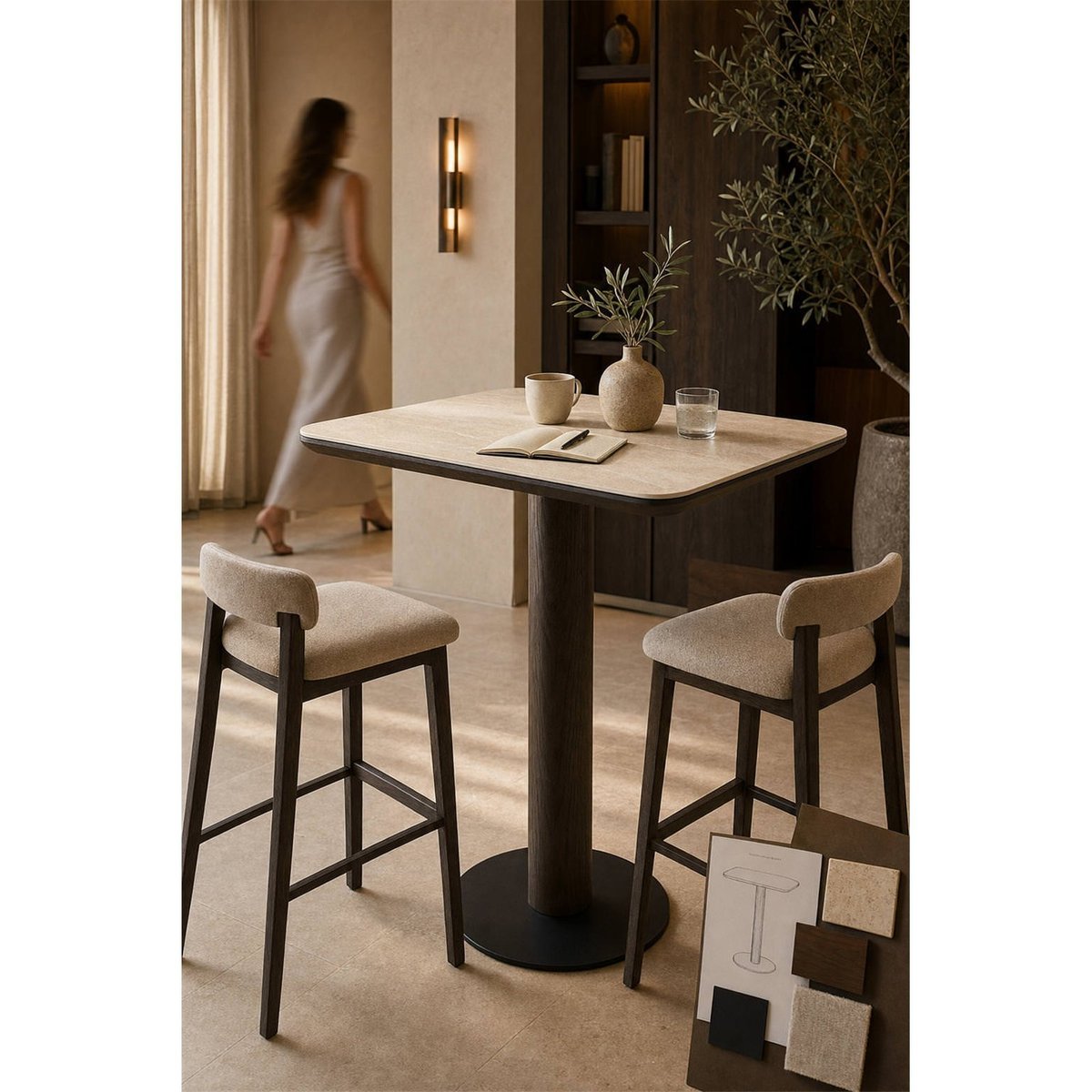 Table bistrot carrée en céramique, RITZ marron et beige avec base noire, RECOLLECTION