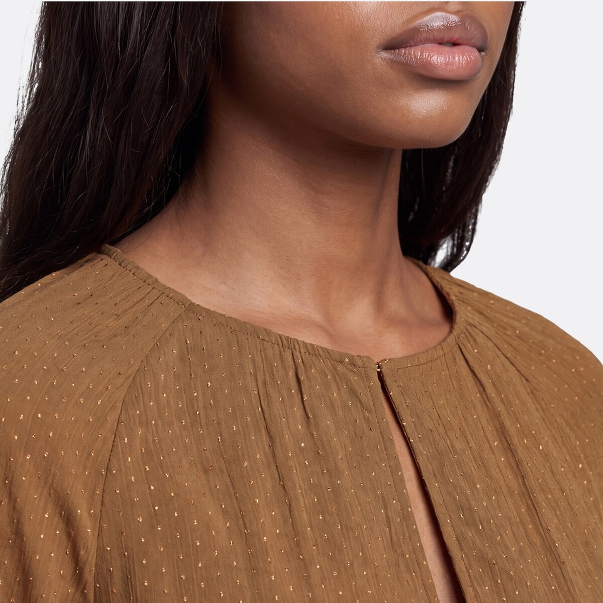 Ruffled Long Sleeve Crew Neck Blouse camel brown, LA REDOUTE COLLECTIONS