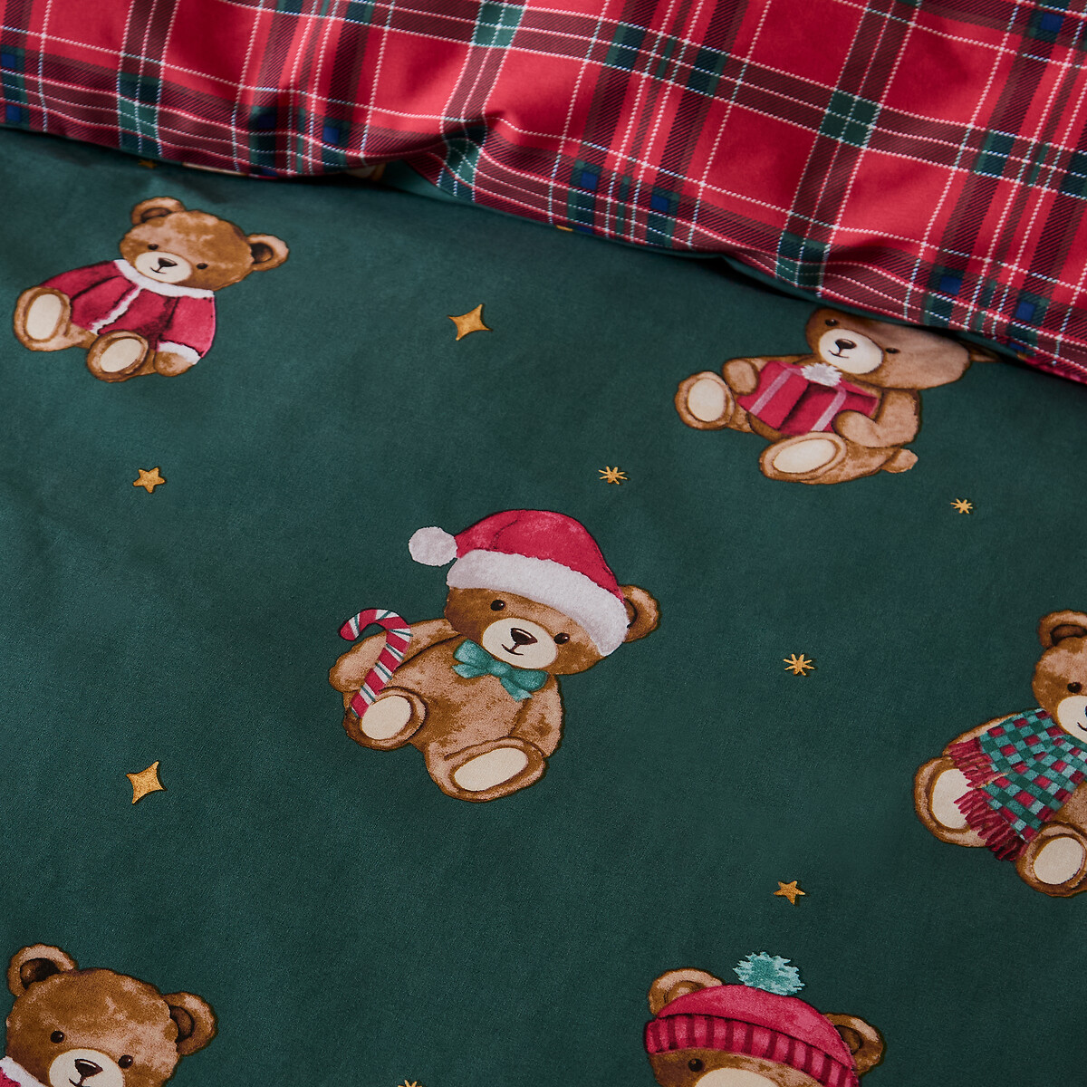 Tartan Teddy Bear Christmas Reversible Duvet Cover and Pillowcase Set green, CATHERINE LANSFIELD