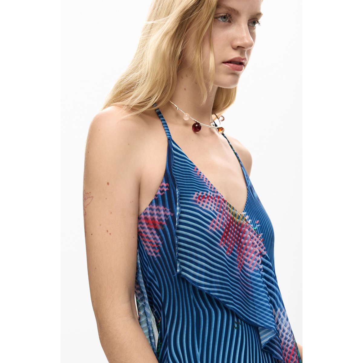 Robe à volants pixélisée bleu, DESIGUAL