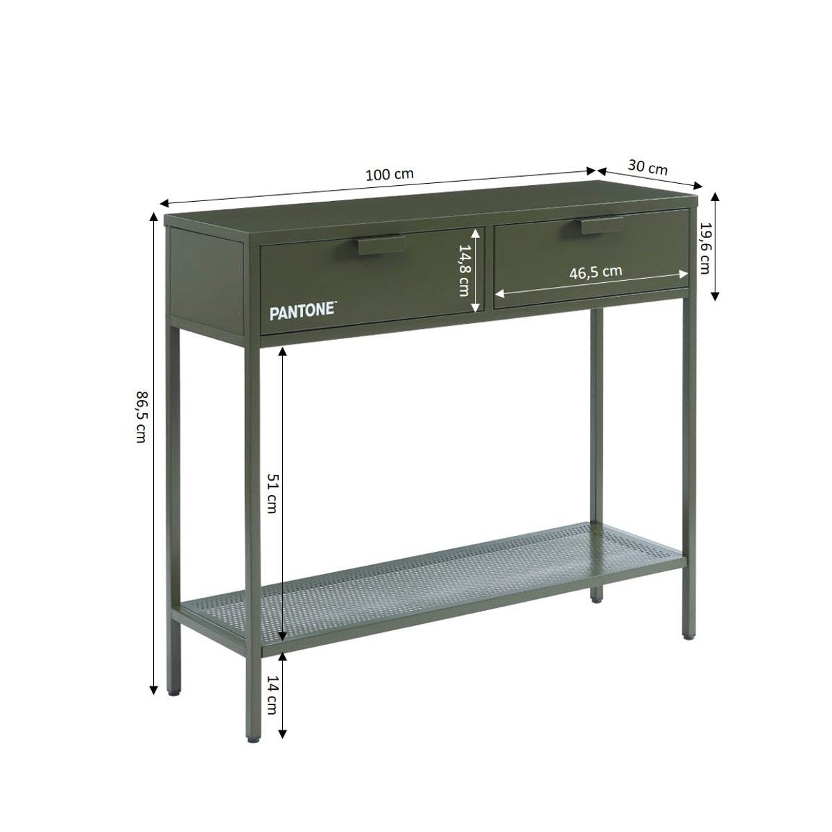 Console en acier vert olive foncé, PANTONE