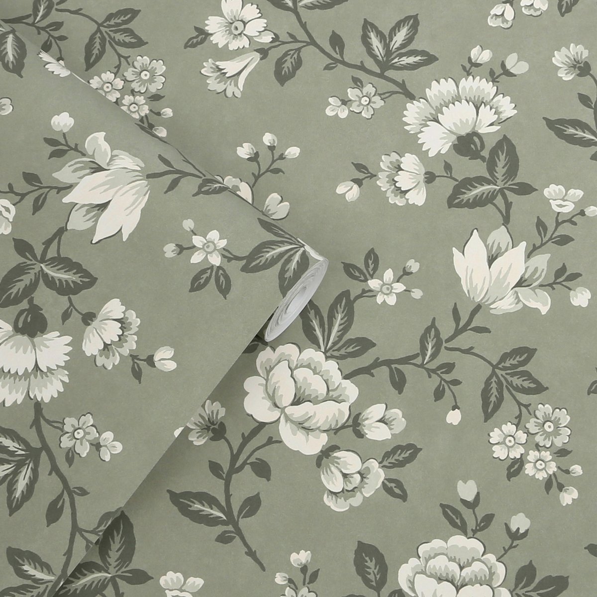 Papier peint fleurs d'oeillets Bradenbury vert, gris, blanc, LAURA ASHLEY