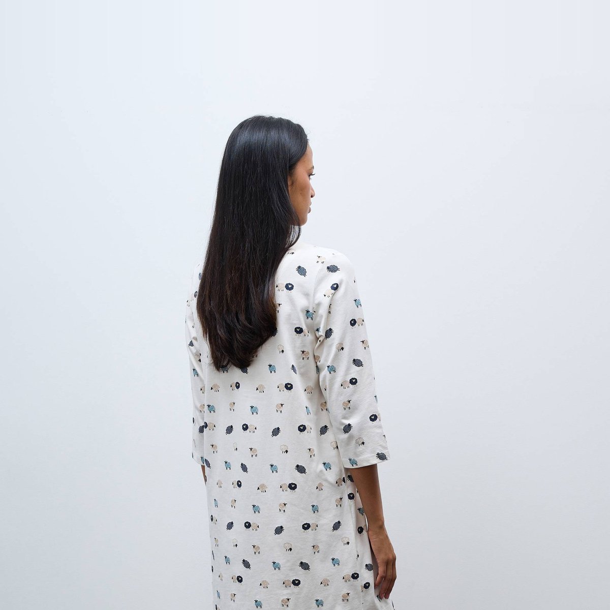 Chemise de nuit manches 3/4 imprimée en coton BIO GOTS ecru, MONOPRIX