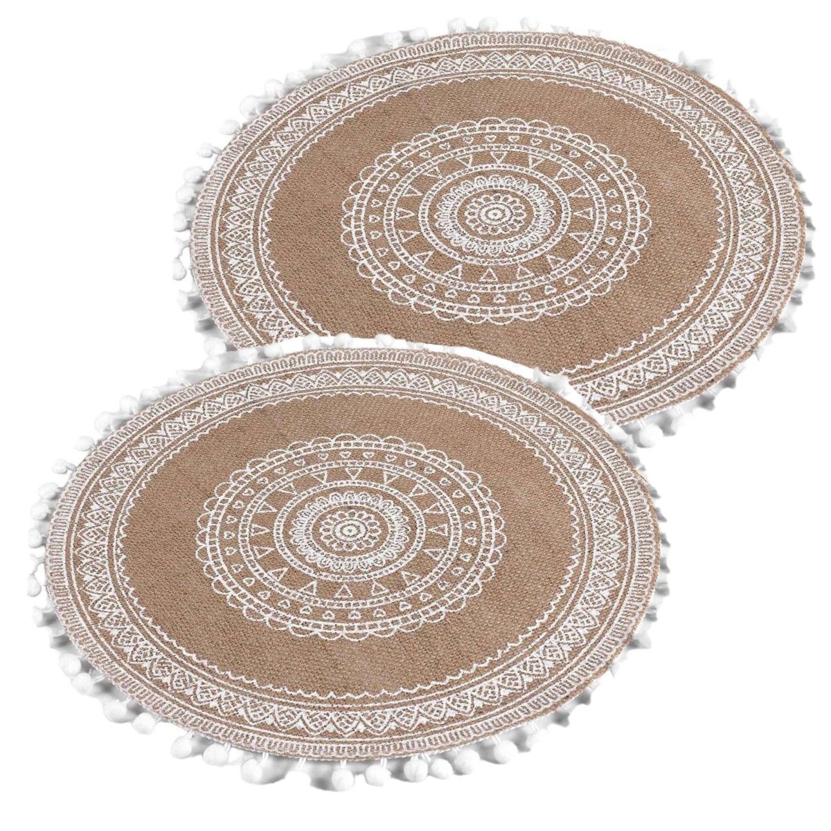 Lot de 2 sets de table en jute avec pompons AZUSA blanc, TOILINUX