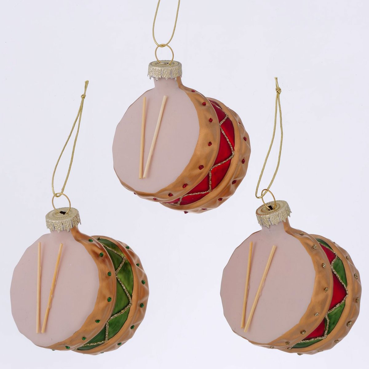Set de 3 boules de Noël en verre laqué tambours 7x6x5cm multicolore, WADIGA