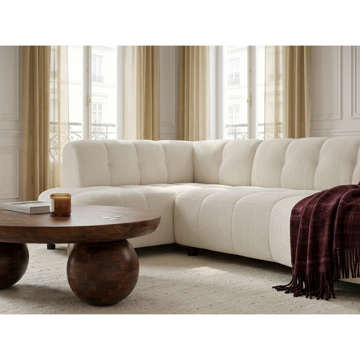 Canapé d'angle convertible 3 places en tissu lisse, LOVELY beige, BOBOCHIC
