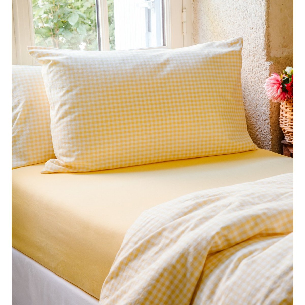 Taie d'oreiller en percale de coton bio, VICHY vichy tournesol, KADOLIS