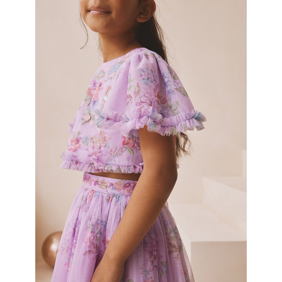 Ensemble haut à fleurs et jupe lehenga violet lilas, NEXT