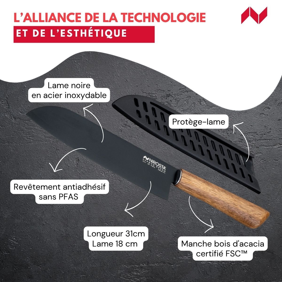 Couteau Santoku 31 cm FLOW bois,noir, NIROSTA