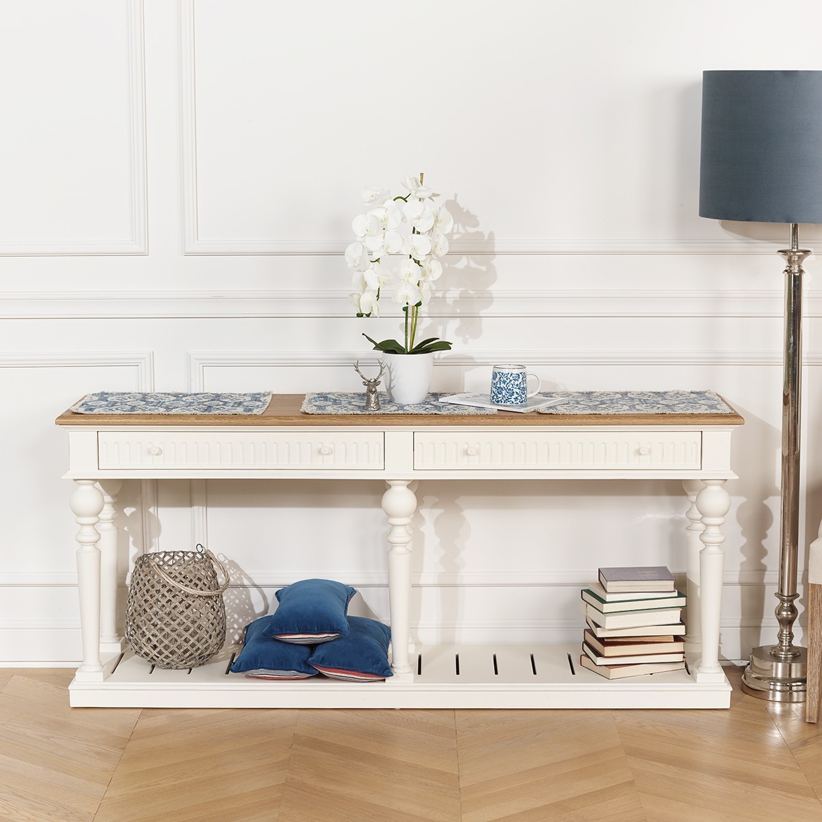 Console style shabby chic, plateau en chêne, 2 tiroirs AUDE blanc, ROBIN DES BOIS