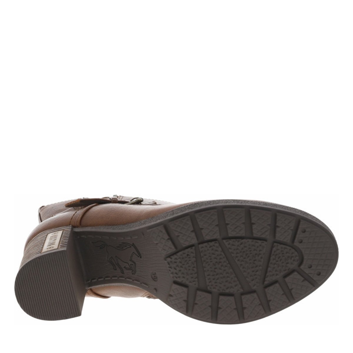 Boots brunes à talon décroché haut avec un zip et soufflet et boucles décoratifs brunes, MUSTANG