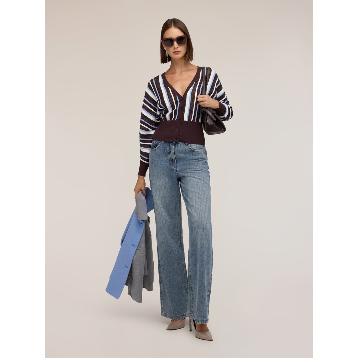 Cardigan rayé à manches kimono marron, MOTIVI