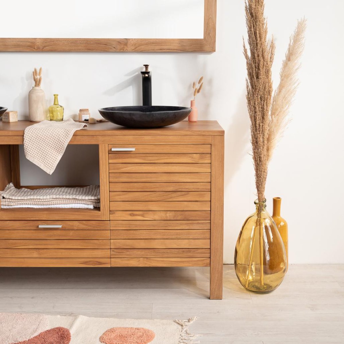Meuble en teck rectangle sous vasque 160 COURCHEVEL naturel, WANDA COLLECTION