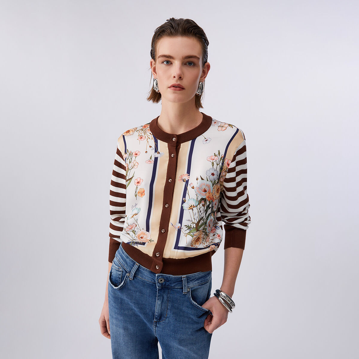 Cardigan avec empiècement en sergé imprimé marron et blanc, LIU JO