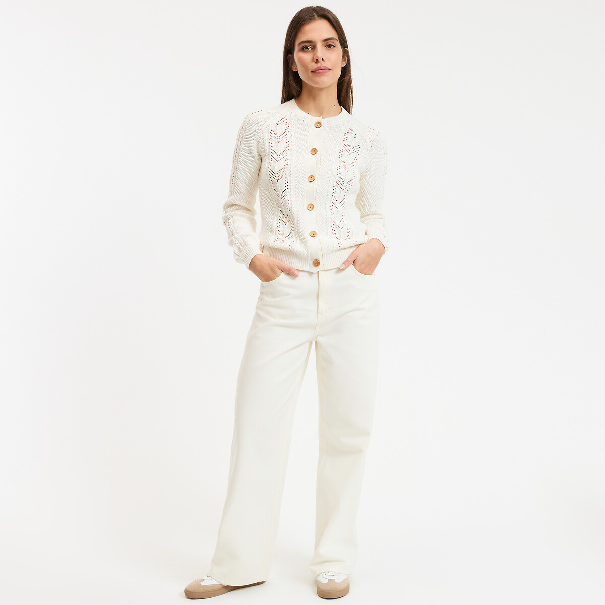 Cardigan en maille pointelle pur coton ivoire, LA REDOUTE COLLECTIONS