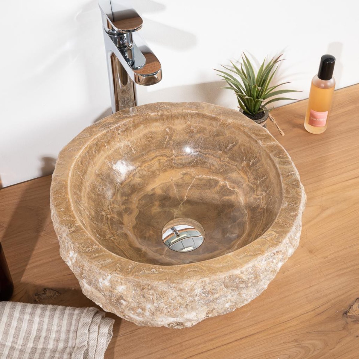 Vasque à poser de en pierre Onyx ronde 30-35cm crème, WANDA COLLECTION