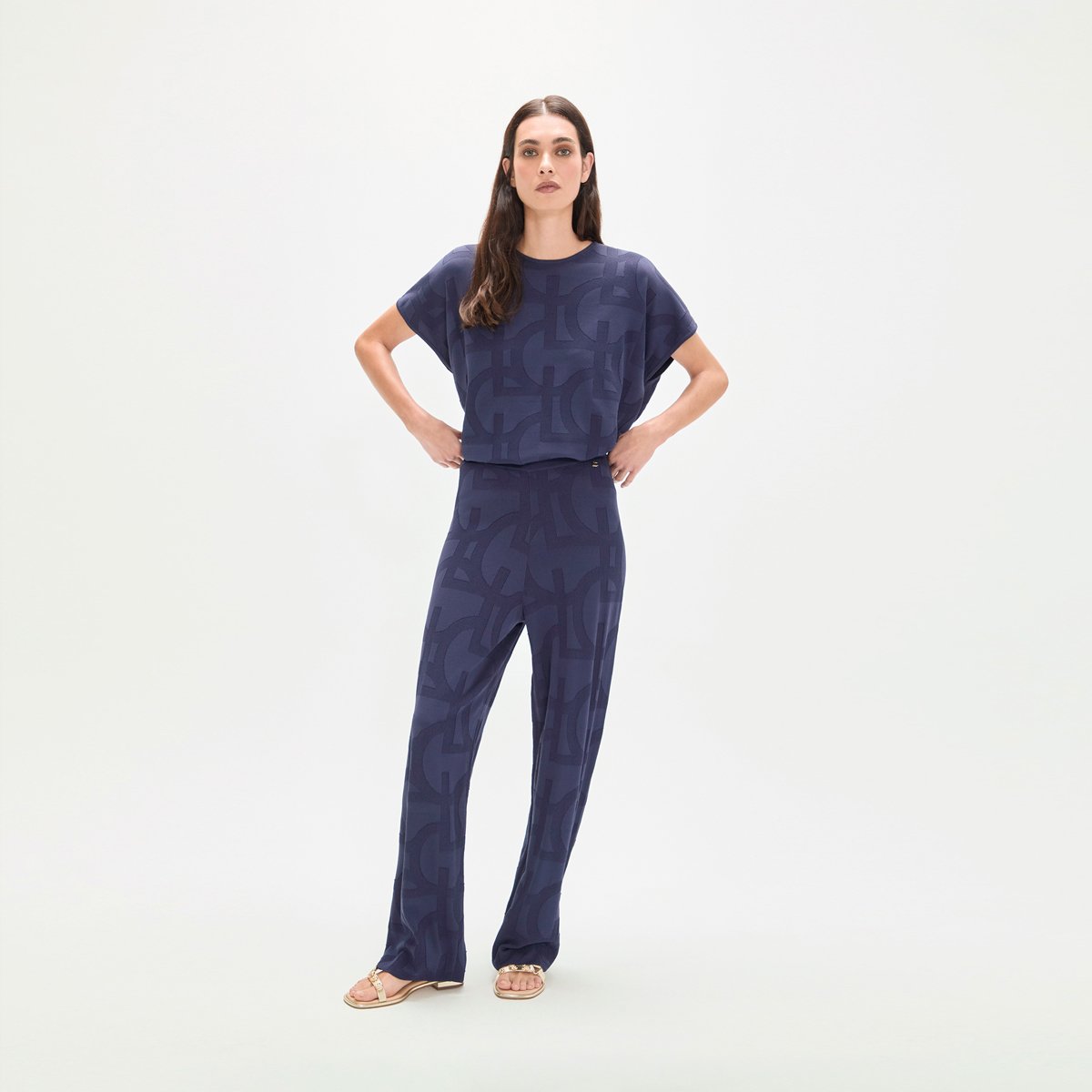 Pantalon large en maille jacquard bleu marine, LOLA CASADEMUNT