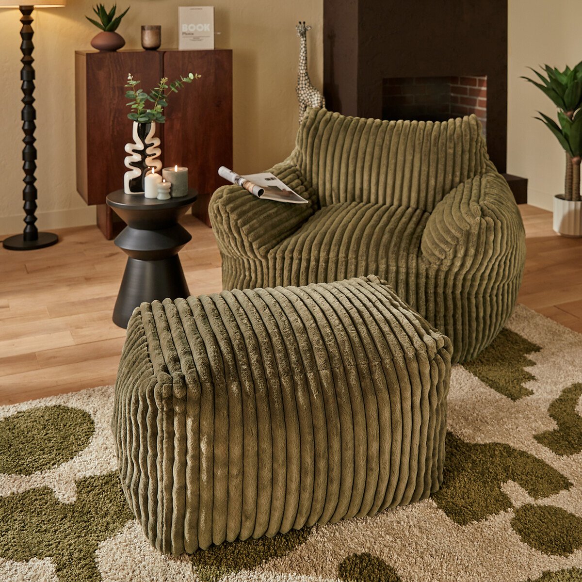 Pouf rectangulaire en velours côtelé MUZI vert kaki, ATMOSPHERA