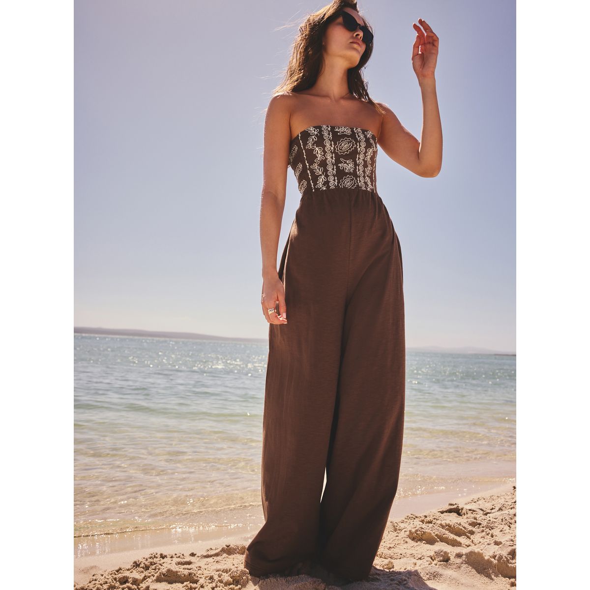 Combi-pantalon bandeau large en jersey marron chocolat brodé, NEXT