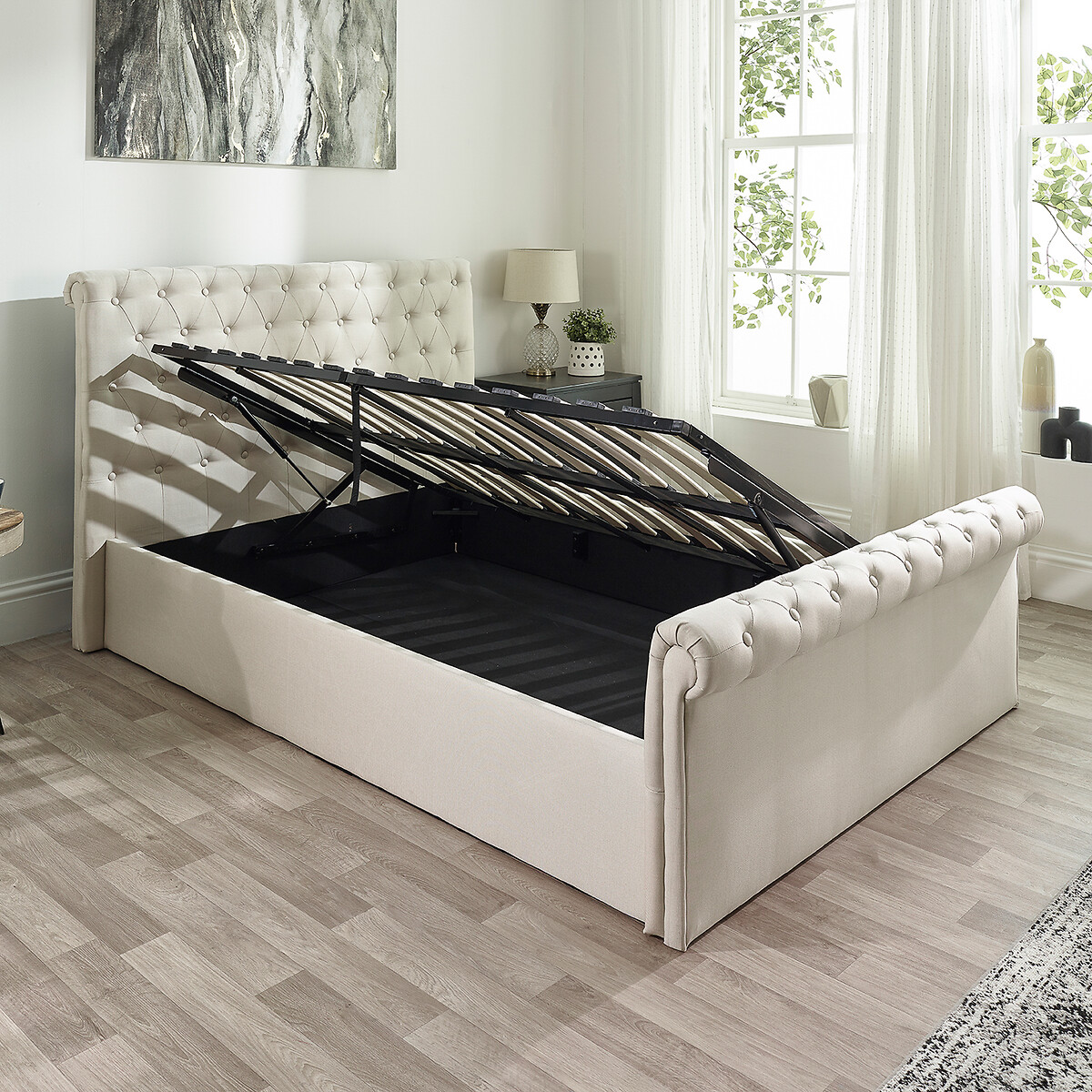 Chesterfield Linen Storage Ottoman Bed with Scroll Top natural, ASPIRE