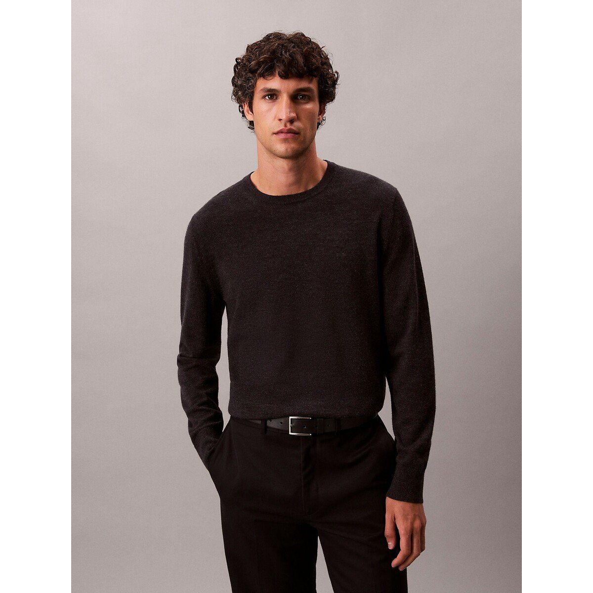 Pull col rond en laine mérinos gris, CALVIN KLEIN