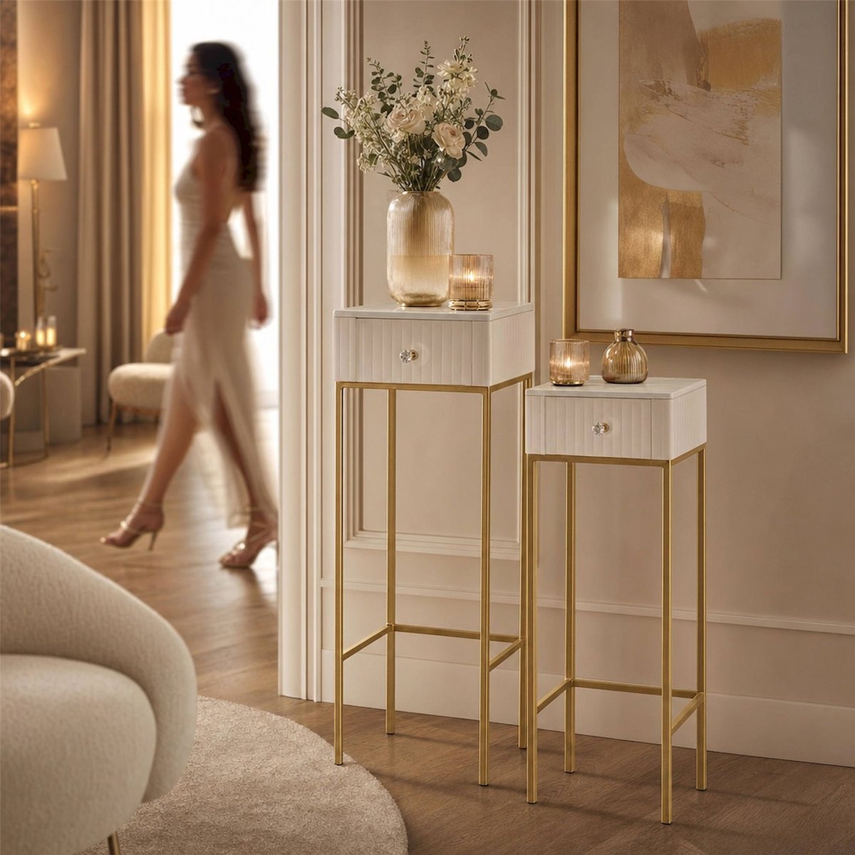 Lot de 2 tables hautes pin et métal GLAM crème et or, RECOLLECTION