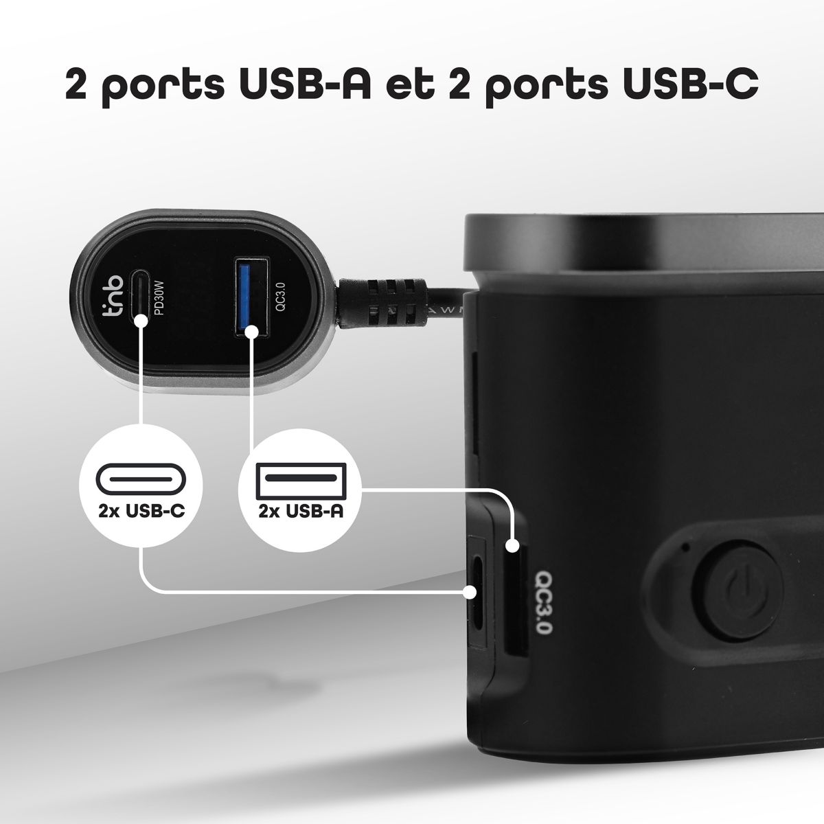 Chargeur allume cigare Station de charge 65W 7 en 1 USB-C noir couleur unique, TNB