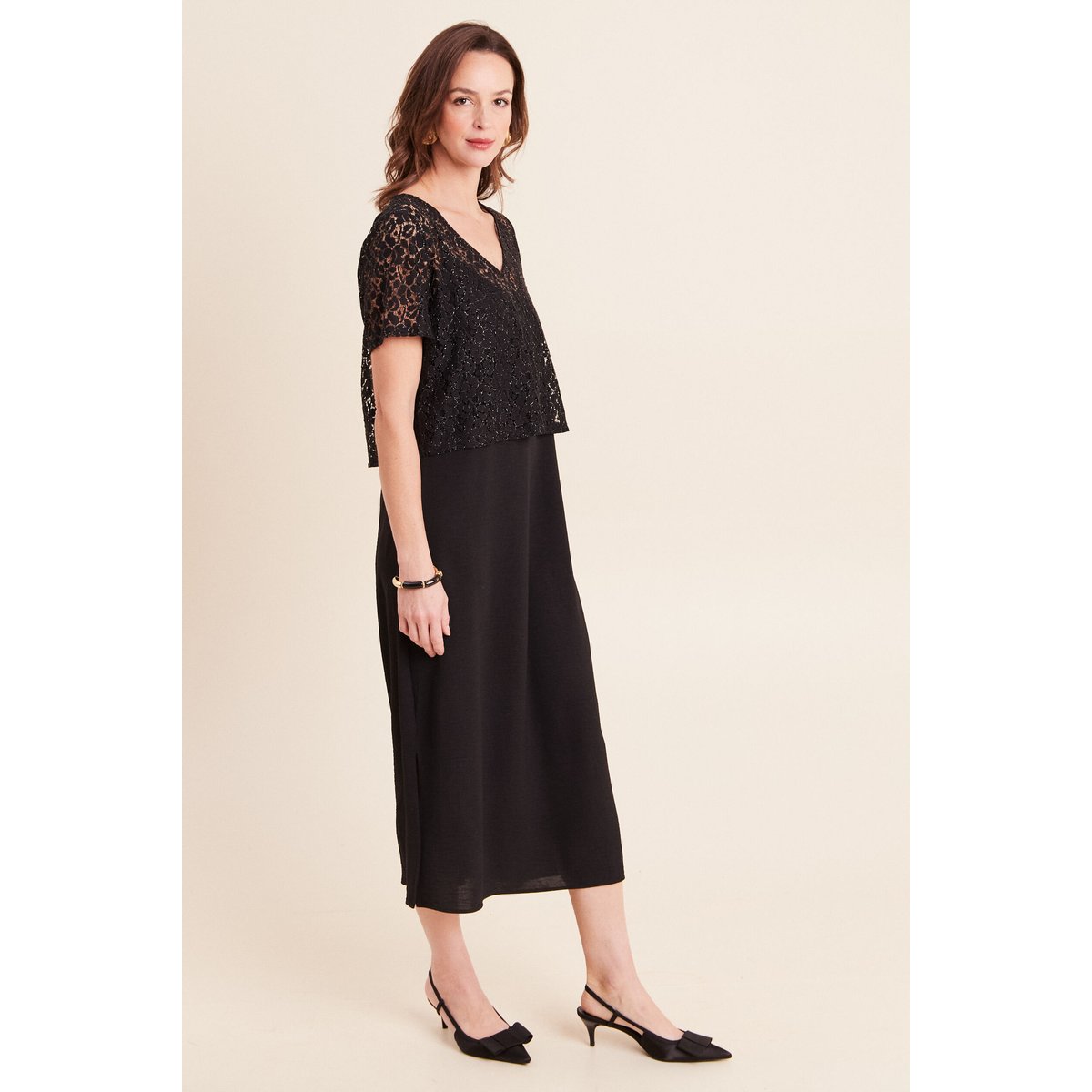 Robe longue évasée 2 en 1 col rond noir, BREAL