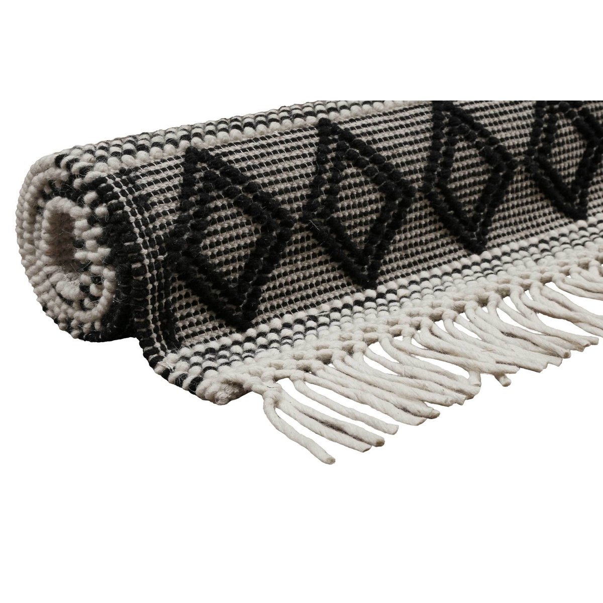 Tapis kilim tissé à franges , Cara blanc laine-noir, ESPRIT